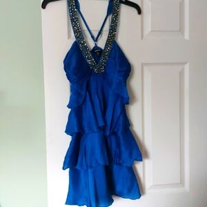 BEBE Royal Blue Beaded V-Neck Tiered Mini Dress